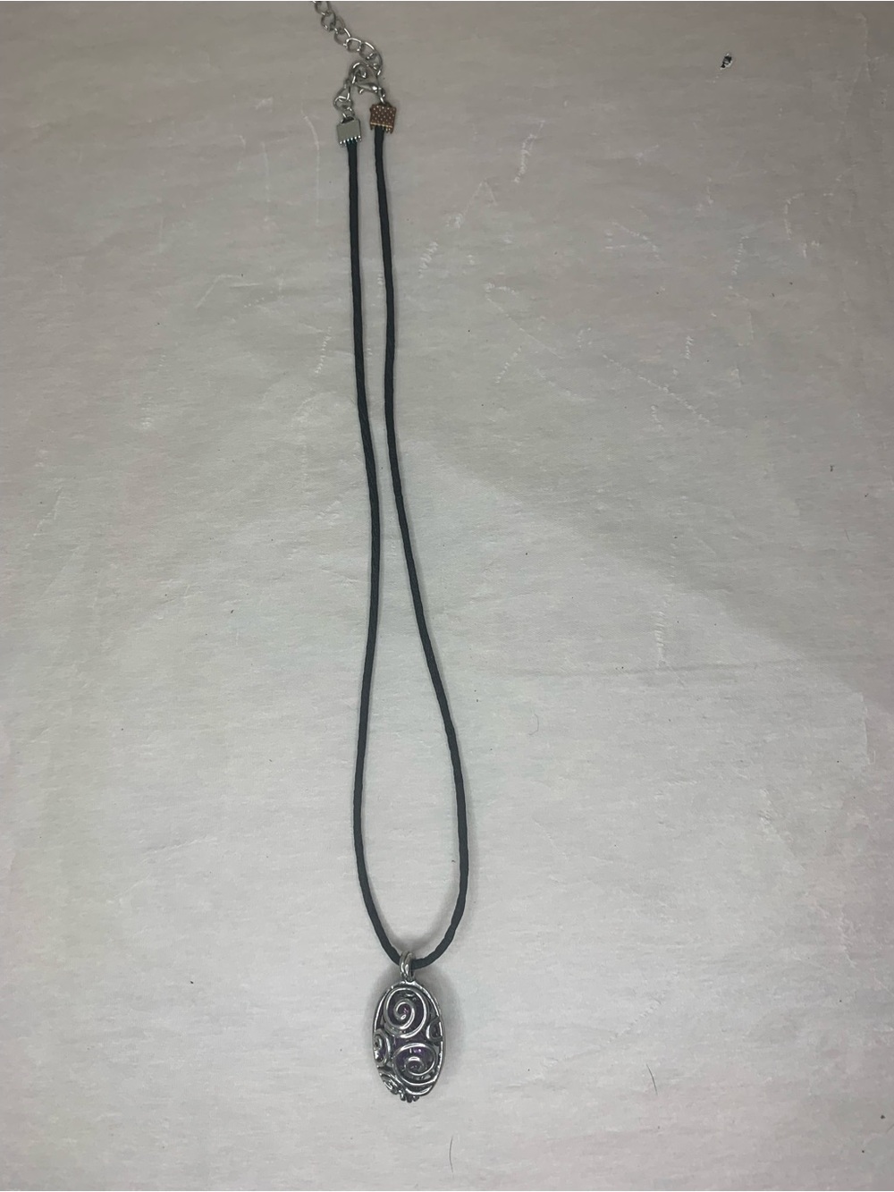 Black Cord Necklace with Silver Swirl Oval Pendant